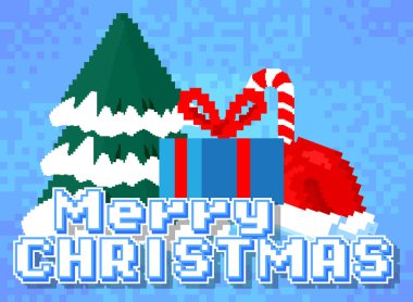 Mutlu noeller. Geometrik arkaplanlı pikselli kelime. Vektör çizgi film illüstrasyonu.