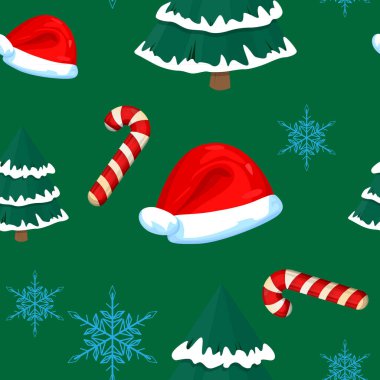 Noel desensiz kar tanesi, Sant Hat, çam ağacı ve kardan adam. Kış Tatili Vektörü arkaplanı.