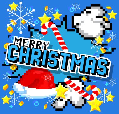 Mutlu noeller. Geometrik arkaplanlı pikselli kelime. Vektör çizgi film illüstrasyonu.