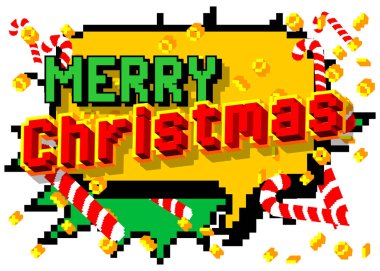 Mutlu noeller. Geometrik arkaplanlı pikselli kelime. Vektör çizgi film illüstrasyonu.