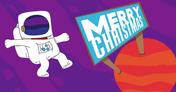 Astronauta Deriva Cerca Planeta Rojo Con Feliz Navidad Billboard Animación — Vídeo de stock