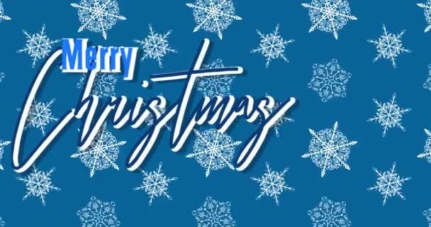 Rotating Snowflake Merry Christmas Text Blue Background Winter Cartoon Video — Stock Video