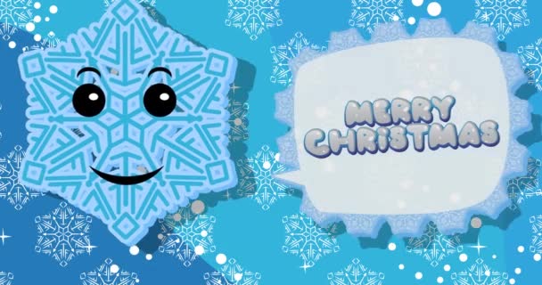 雪の結晶は スピーチバブルとメリークリスマスという 冬の漫画ビデオ 季節の雪のキャラクター — ストック動画