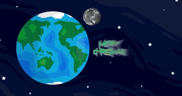 惑星地球と月をメリークリスマスのテキストで移動する 漫画のアニメーションスペース 背景のコスモス — ストック動画