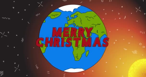 メリークリスマスのテキストで惑星地球 ラインアートアニメーション 漫画のアニメーションスペース 背景のコスモス — ストック動画