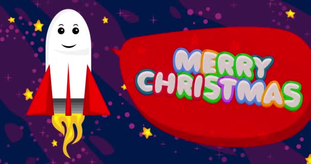 Rakéta Űrben Boldog Karácsonyi Szöveget Piros Beszéd Buborék Rajzfilm Animáció — Stock videók