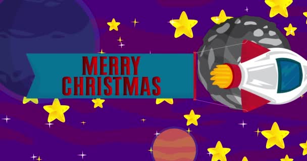 Uzayda Mutlu Noeller Bayrağı Taşıyan Bir Roket Çizgi Film Canlandırması — Stok video