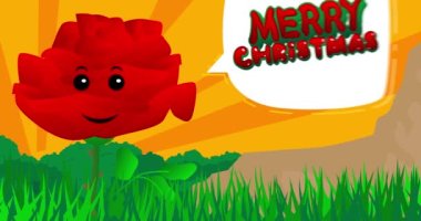 Kızıl Çiçek, konuşma baloncuğuyla mutlu Noeller diliyor. Yaban çiçeği çizgi filmi animasyonu.