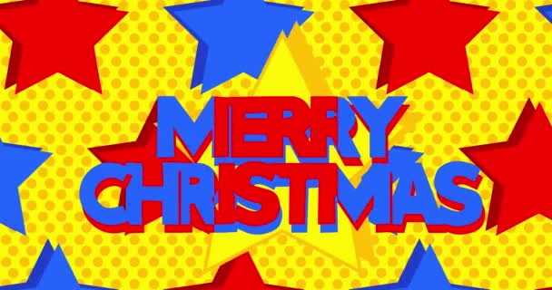 Animated Red Blue Yellow Stars Merry Christmas Text Cartoon Animation — Stock Video