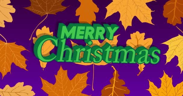 秋の葉を踊る紫の背景にメリークリスマステキスト — ストック動画