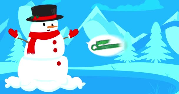 Muñeco Nieve Con Sombrero Bufanda Deslizándose Sobre Hielo Con Texto — Vídeos de Stock