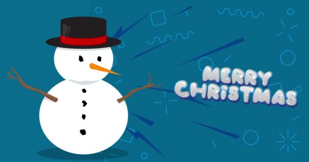 Muñeco Nieve Con Sombrero Zanahoria Texto Feliz Navidad Sobre Fondo — Vídeo de stock