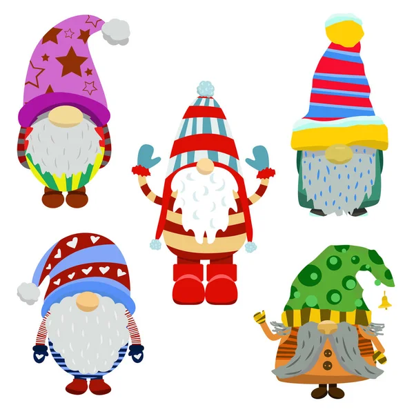 Set Christmas Cute Gnomes Santa Claus Illustrations Nordic Folklore Scandinavian — Stock Vector