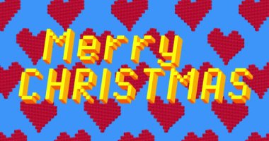 Piksel Dans Eden Kırmızı Kalp Şablonu ve Mutlu Noeller mesajı. Mavi arkaplanda çizgi film animasyonu.