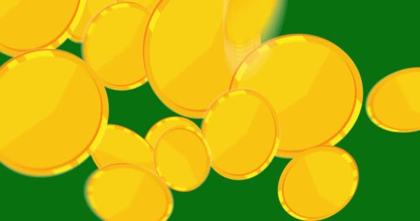 メリークリスマスのテキストで落ちる金の硬貨 コイン雨 黄金の金属の現金飛行お金 — ストック動画