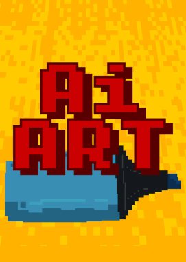 Ai Art. Geometrik arkaplanlı pikselli kelime. Vektör çizgi film illüstrasyonu.