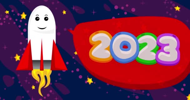 Cohete Espacio Con Número 2023 Burbuja Habla Roja Animación Dibujos — Vídeos de Stock