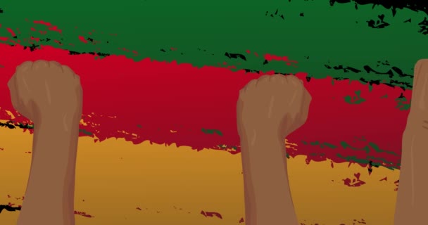 黑色历史月紧闭 举起拳头在一个绿色 红色和黄色的示威 摘要动画 — 图库视频影像