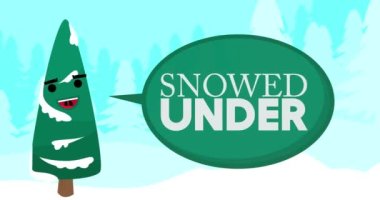 Gülümseyen yüzüyle Çam Ağacı ve kış ormanında konuşma baloncuğunda Kar Altında. Tatil mesajı canlandırması.