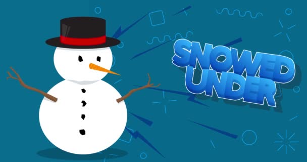Snowman Hat Carrot Snowed Text Blue Background Video Holiday Message — Vídeo de stock