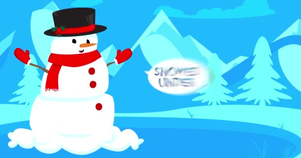 Снеговик Шляпе Шарфе Скользит Льду Снегом Текстом Речевом Пузыре — стоковое видео