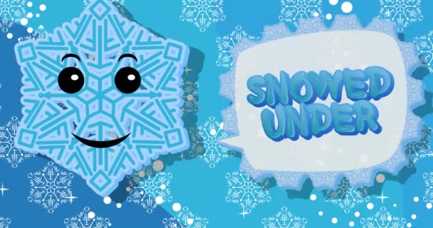 スノーフレークスピーチバブルで雪と言っ 冬の漫画ビデオ 季節の雪のキャラクター — ストック動画