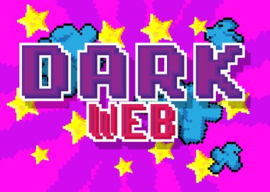 Karanlık Ağ. Geometrik arkaplanlı pikselli kelime. Vektör çizgi film illüstrasyonu.