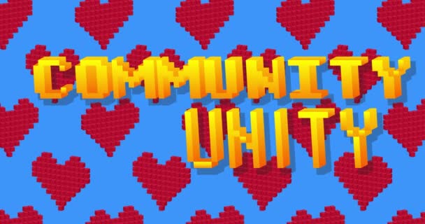 コミュニティの統一テキストとピクセルダンス赤いハートパターン 青を背景にした漫画アニメーション — ストック動画
