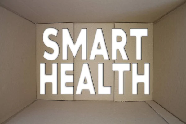 Smart Health word with cardboard box. Brown folded card box.