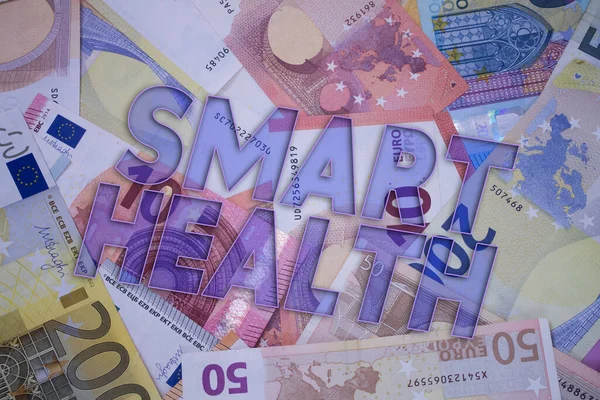 Smart Health word with money. Paper currency background with different banknotes.