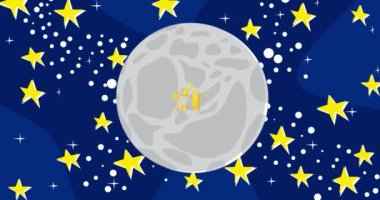 Sanctions Text on the Moon with the night sky and stars. Cartoon animation video.