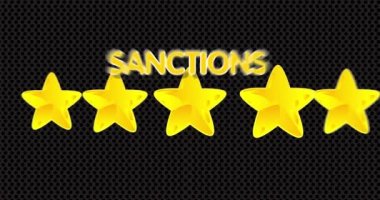 Five Stars with Sanctions Text. Animated Rating with words. Cartoon animation award video.