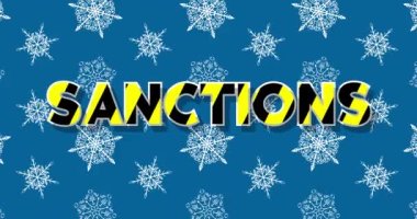 Rotating Snowflake with Sanctions text on blue background. Winter Cartoon video. Seasonal Snow animation.