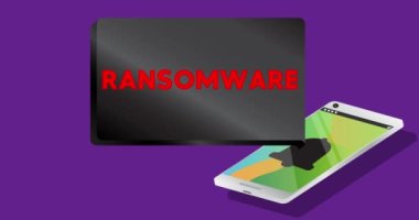 Ransomware Text on notification bubble from portable information device screen. Mobile app message, connection, communication concept. Animated video.