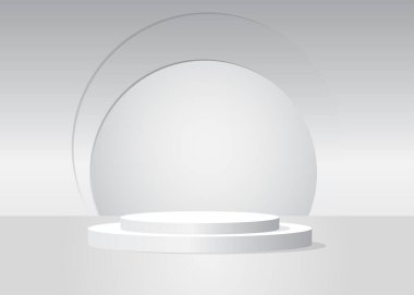 Beyaz silindir kaide podyumu. Soyut Mockup ürün görüntüsü. Ürün sunumu için sahne gösterisi. Gerçekçi vektör 3 boyutlu oda. Gelecekçi bilim kurgu, asgari geometrik biçimler, boş sahne.