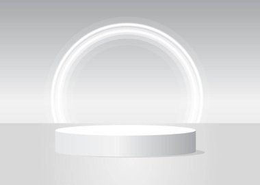 Beyaz silindir kaide podyumu. Soyut Mockup ürün görüntüsü. Ürün sunumu için sahne gösterisi. Gerçekçi vektör 3 boyutlu oda. Gelecekçi bilim kurgu, asgari geometrik biçimler, boş sahne.