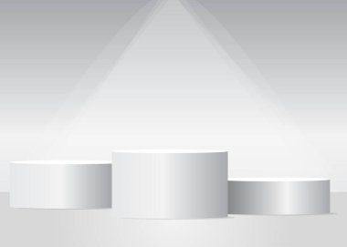 Beyaz silindir kaide podyumu. Soyut Mockup ürün görüntüsü. Ürün sunumu için sahne gösterisi. Gerçekçi vektör 3 boyutlu oda. Gelecekçi bilim kurgu, asgari geometrik biçimler, boş sahne.