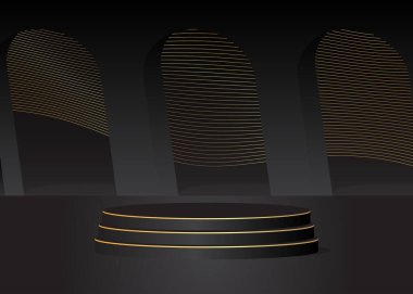 Black, Gold cylinder pedestal podium. Stage showcase for product display presentation. Futuristic Sci-fi minimal geometric forms, empty scene. Abstract Mockup product display. Realistic vector 3D room.