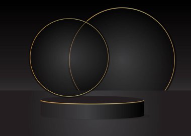 Black, Gold cylinder pedestal podium. Stage showcase for product display presentation. Futuristic Sci-fi minimal geometric forms, empty scene. Abstract Mockup product display. Realistic vector 3D room.
