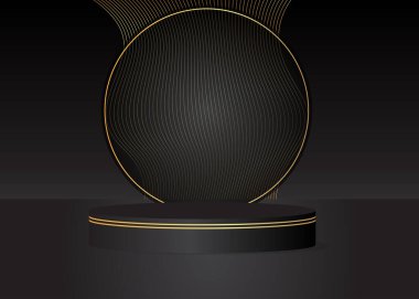 Black, Gold cylinder pedestal podium. Stage showcase for product display presentation. Futuristic Sci-fi minimal geometric forms, empty scene. Abstract Mockup product display. Realistic vector 3D room.