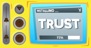 Cartoon Computer With the word Trust. Message of a screen displaying an installation window.