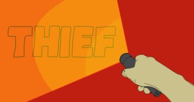 Flashlight illuminates Thief text. Hand holding pocket LED electric lamp. Abstract animated video.
