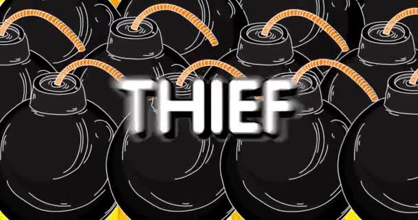 Cartoon Black Bombs Background Explosives Thief Text Yellow Background — Stockvideo