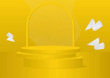 Vector 3D room, cylinder pedestal podium. Yellow and white abstract mockup product display. Stage showcase for product presentation. Futuristic minimal geometric forms, empty scene.