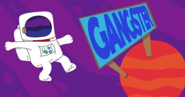 Astronaut adrift near a Red Planet with Gangster Billboard. Abstract cartoon animation. 4k HD Format resolution video.