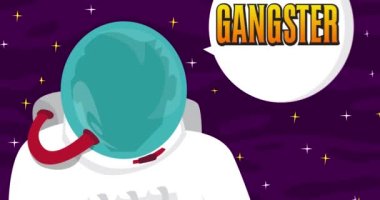 Astronaut saying Gangster in space with speech bubble. Abstract cartoon animation. 4k HD Format resolution video.