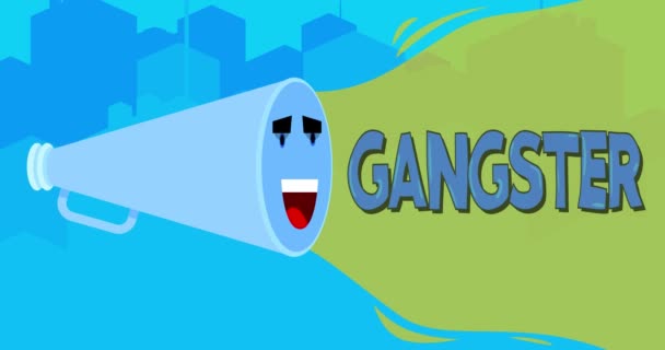 Smiling Blue Megaphone Gangster Text City Resolution Animation Funny Elements — Stock video