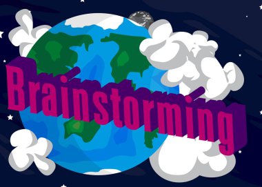 Planet Earth with Brainstorming text. Cartoon Space, cosmos. Vector cartoon illustration.