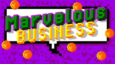 Marvelous Business. Pixelated word with geometric graphic background. Vector cartoon illustration.
