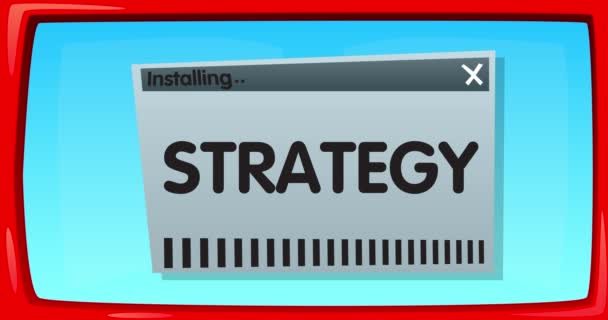 インストールウィンドウの Strategy テキストを含む概要漫画画面 コンピュータソフトウェア インストールウィンドウを表示する画面のビデオメッセージ — ストック動画